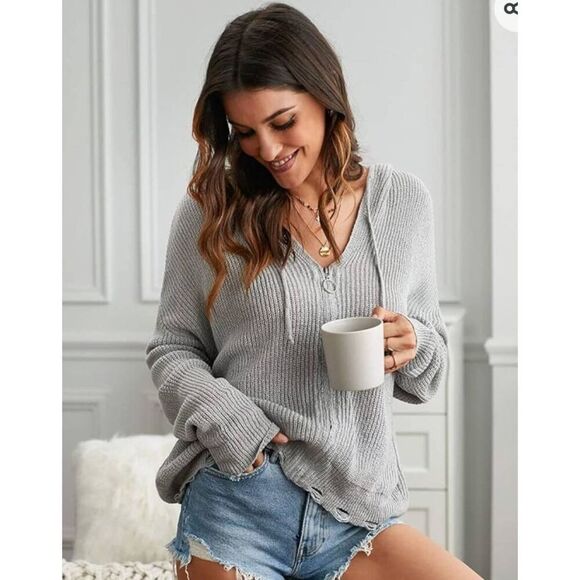 Knit Hoodie Zipper Open Front Cardigan Ripped Long Sleeve Distressed Sweater Hoo - Picture 3 of 10